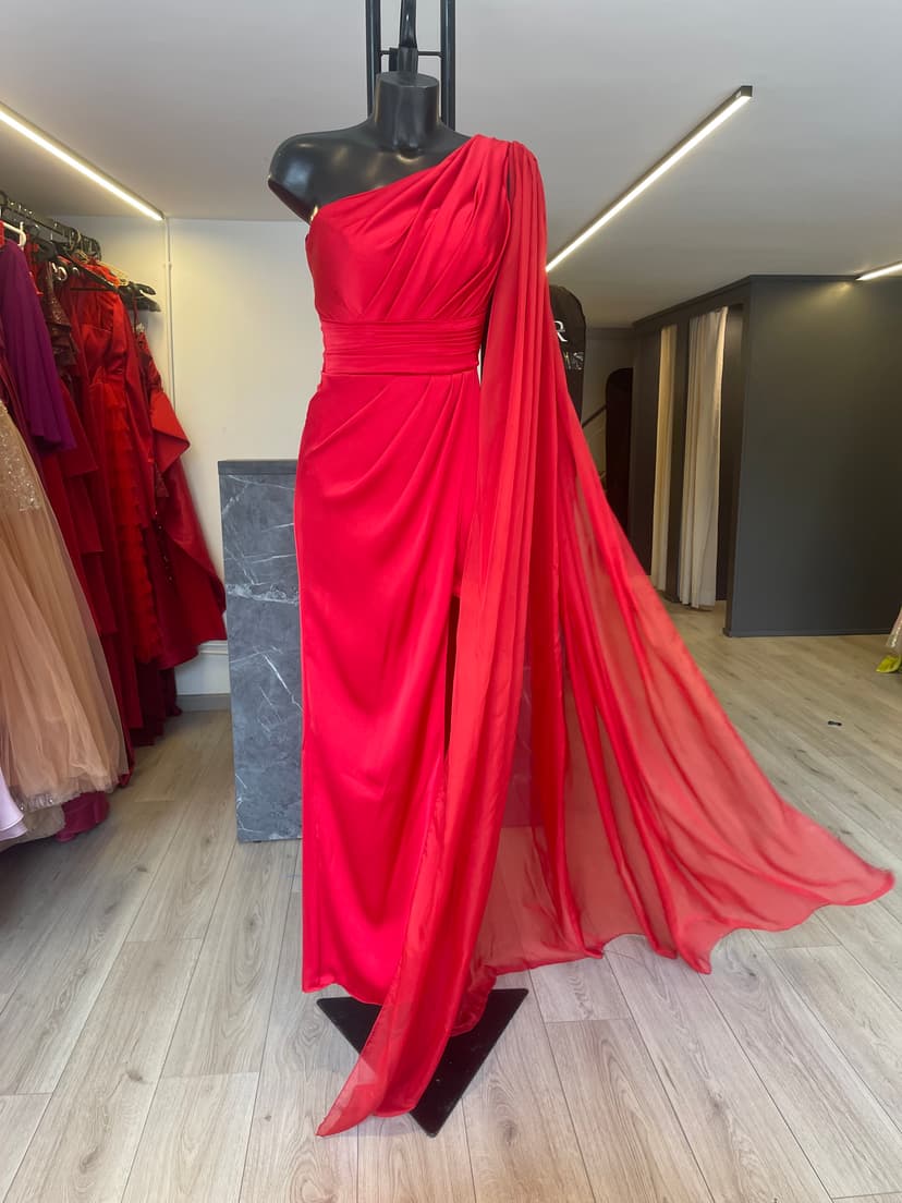 “Flame Red"flowy dress with slit and cape on hand-1330