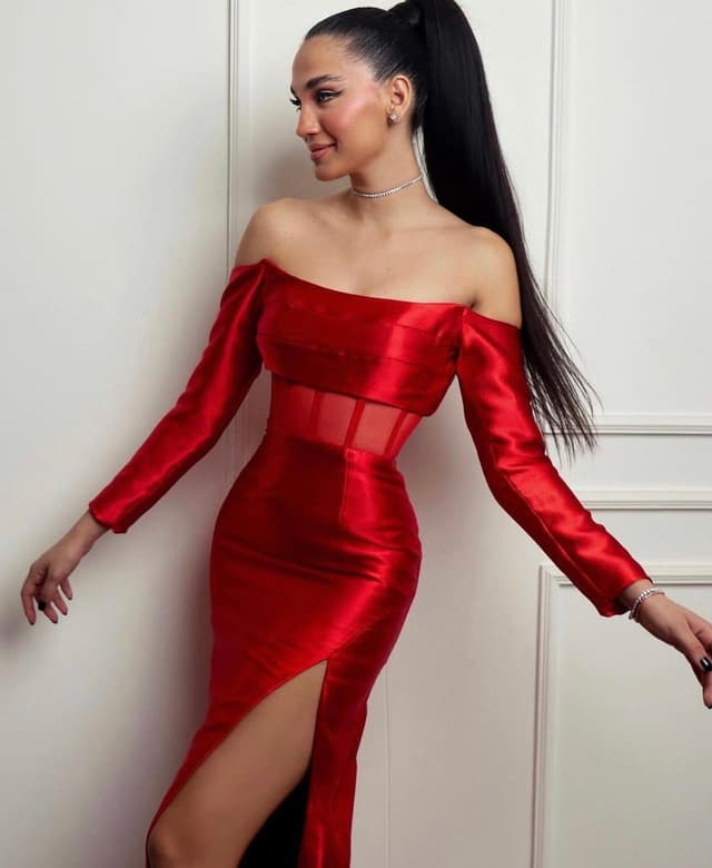 “Red Silk” long red corset silk dress with slit 1165