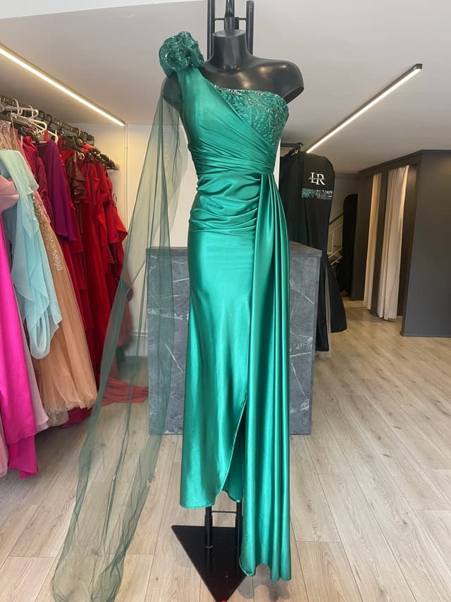 “Glowing Green” mermaid cut one shoulder dress with slit and cape on hand-1118