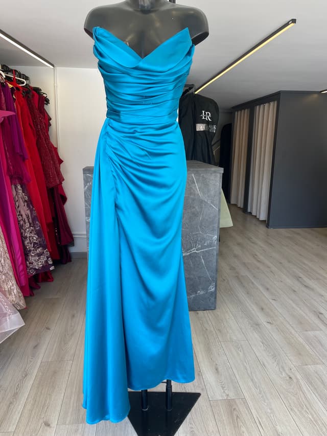 “Azure Allure” long strapless dresss with slit-1038