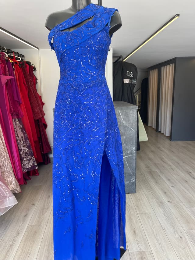 “Navy Starlight” long embroidered one shoulder dress with slit-1030