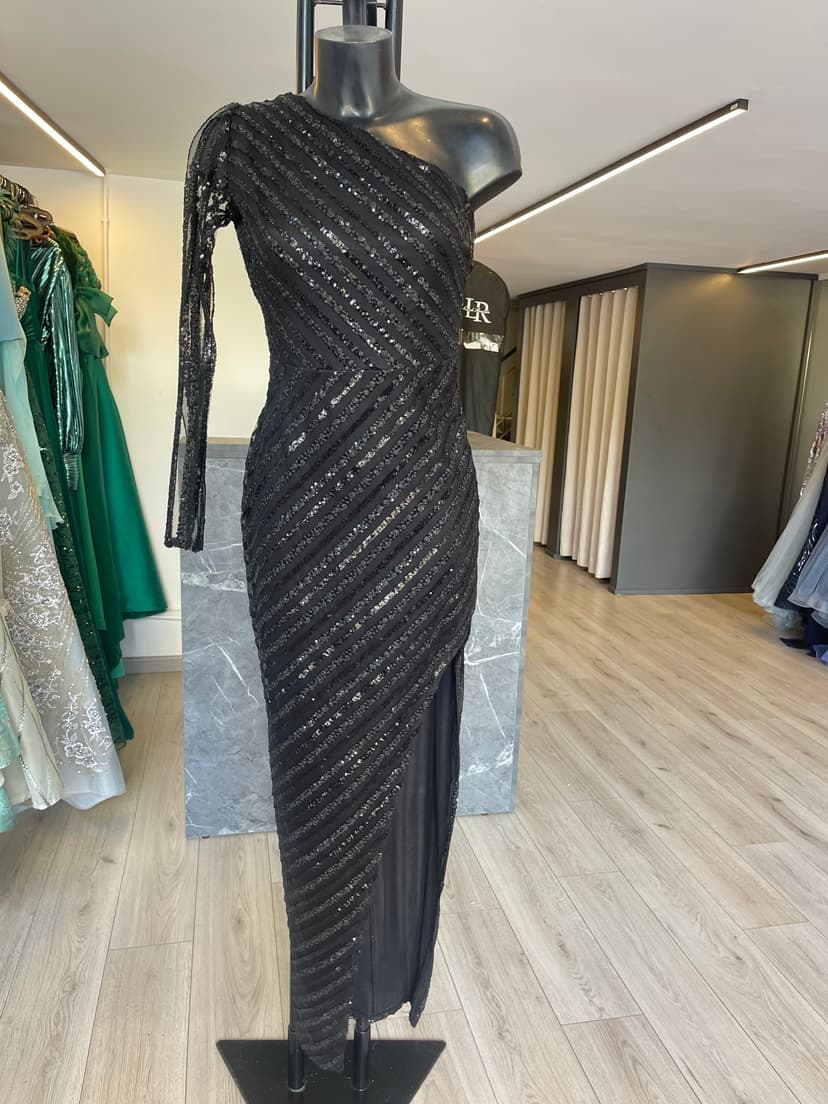 “Black Payette Elegance” one shoulder embroidery with slit 1377